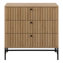 Load image into Gallery viewer, Wooden cabinet with slatted design and black legs on a white background