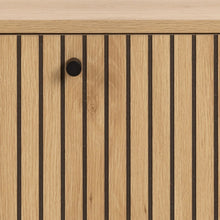 Load image into Gallery viewer, Wooden cabinet with vertical slats and a black knob