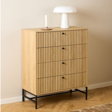 Load image into Gallery viewer, Wooden cabinet with black metal legs against a beige wall