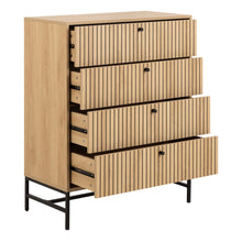 Load image into Gallery viewer, Wooden dresser with slatted design and black metal legs on a white background