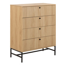 Load image into Gallery viewer, Wooden cabinet with slatted doors and black metal legs on a white background