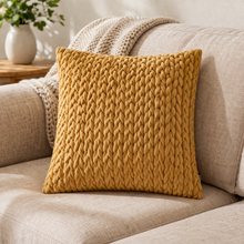Load image into Gallery viewer, Yellow textured pillow on a beige sofa with a neutral background