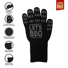 Load image into Gallery viewer, Black knit glove with gray silicone grip dots on the fingers and palm, featuring a large 'LET'S BBQ' logo on the back. The image includes feature callout circles on the left and a red 'LET'S BBQ' logo badge in the top right corner.