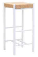Load image into Gallery viewer, White bar stool with a woven seat on a white background