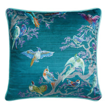Load image into Gallery viewer, Decorative pillow with colorful bird pattern on a teal background