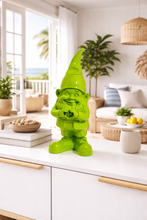 Load image into Gallery viewer, Green gnome figurine on a white surface in a bright living room.