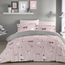 Load image into Gallery viewer, Pink cat-patterned bedding set on a bed in a bedroom with gray walls and decorative items.