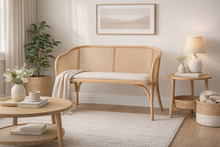 Load image into Gallery viewer, Natural wood furniture set in a living room with a plant and decor items.