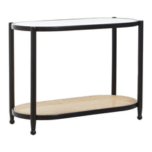 Load image into Gallery viewer, Console table with glass top and wicker shelf on a white background