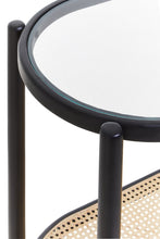 Load image into Gallery viewer, Round side table with glass top and black metal frame on a white background