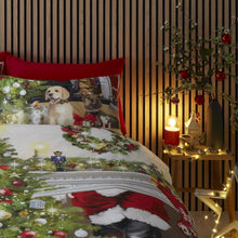 Load image into Gallery viewer, Decorative Christmas-themed bedding set with a festive design, featuring a candle and tree on a wooden slat wall background.