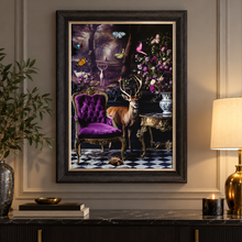 Load image into Gallery viewer, A framed wall art print hangs above a console table in a styled interior. The artwork depicts a deer standing in a floral room with a purple velvet chair, butterflies, a vase, and a checkered floor.