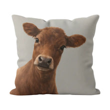 Load image into Gallery viewer, Pillow with a cow's face printed on it against a white background
