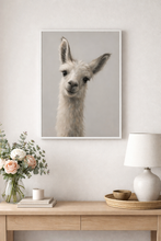 Load image into Gallery viewer, Framed artwork of a llama on a wall above a wooden console table with decor items.