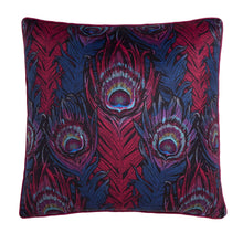 Load image into Gallery viewer, Decorative pillow with peacock feather pattern on a white background