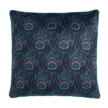 Load image into Gallery viewer, Decorative pillow with peacock feather pattern on a white background