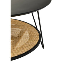 Load image into Gallery viewer, Round coffee table with black metal frame and woven natural material top on a white background