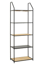 Load image into Gallery viewer, Black metal and wood shelf with five shelves on a white background