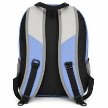 Load image into Gallery viewer, The back view of a backpack with a color-blocked design featuring light blue, black, and light gray panels, with black shoulder straps and buckles.