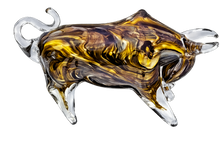 Load image into Gallery viewer, Glass bull sculpture with brown and clear swirls on a white background
