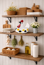Load image into Gallery viewer, Wooden shelves with kitchen items against a white paneled wall