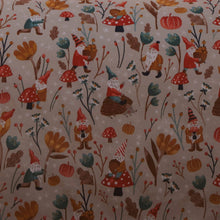 Load image into Gallery viewer, Pattern of gnomes, mushrooms, and autumnal elements on a beige background