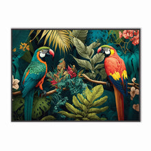 Load image into Gallery viewer, Two colorful parrots in a tropical setting with leaves and flowers.