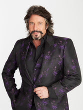 Load image into Gallery viewer, Man wearing a black suit with purple floral patterns on a white background