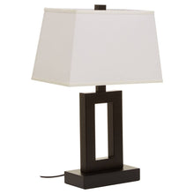 Load image into Gallery viewer, Table lamp with a white shade and black base on a white background