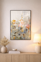 Load image into Gallery viewer, Framed abstract floral artwork on a wall above a wooden console table with decor items.