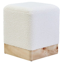 Load image into Gallery viewer, Cube-shaped ottoman with white textured top and wooden base on a white background