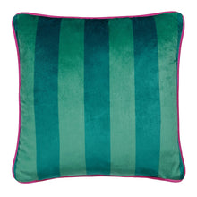 Load image into Gallery viewer, Green striped pillow with pink border on a white background