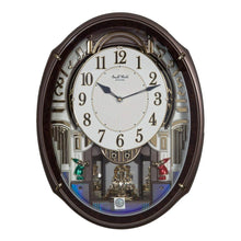 Load image into Gallery viewer, An ornate oval wall clock with a dark brown frame, featuring a white clock face with black Arabic numerals and decorative interior scenes with gold details and small colored figures.