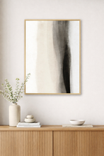 Load image into Gallery viewer, Abstract art print in a gold frame on a white wall above a wooden console table.