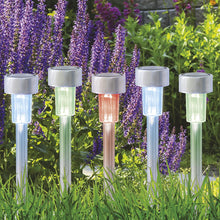 Load image into Gallery viewer, Five solar garden lights with gray caps and translucent stems are arranged in a grassy garden bed in front of purple flowers. Three lights glow green, two glow blue, and one glows pink.
