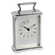 Load image into Gallery viewer, A polished silver metal carriage clock with a white face, black hands, Roman numerals, and a matching silver top handle, shown on a plain white background.