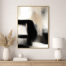 Load image into Gallery viewer, Abstract art piece in a gold frame on a wall above a wooden console table with decorative items.