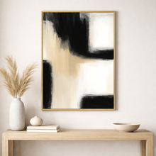 Load image into Gallery viewer, Abstract art piece in a gold frame on a wall above a wooden console table with decorative items.