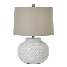 Load image into Gallery viewer, Table lamp with textured white base and beige lampshade on a white background