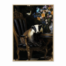 Load image into Gallery viewer, Badger sitting on a throne with floral and butterfly decorations