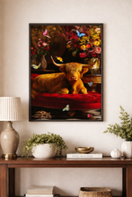 Load image into Gallery viewer, Framed artwork of a bull with flowers on a wall above a wooden console table.