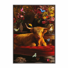 Load image into Gallery viewer, Painting of a cow on a red cushion with flowers and butterflies in the background