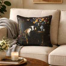 Load image into Gallery viewer, Decorative pillow with a cow and floral design on a beige sofa