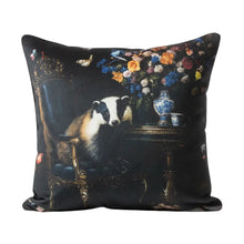 Load image into Gallery viewer, Decorative pillow with a black and white dog design on a black background