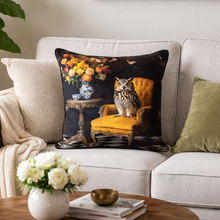Load image into Gallery viewer, Decorative pillow with an owl design on a sofa in a living room setting