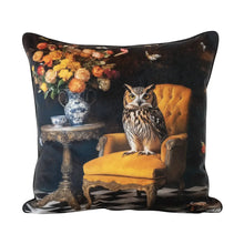 Load image into Gallery viewer, Decorative pillow with an owl on a yellow chair and floral arrangement design.