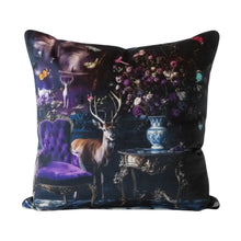 Load image into Gallery viewer, Decorative pillow with a fantasy design featuring a deer, chair, and flowers on a black background.