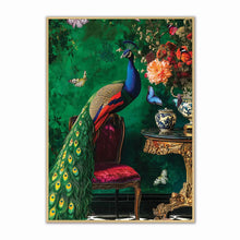 Load image into Gallery viewer, Framed artwork of a peacock on a chair with a floral and decorative background