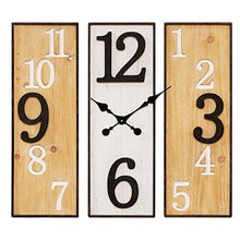 Load image into Gallery viewer, Three-panel rustic wall clock with vertical wood-look panels, a white center panel, and large black and white numerals on a white background.