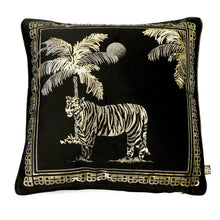 Load image into Gallery viewer, Decorative pillow with embroidered tiger and palm tree design on a black background